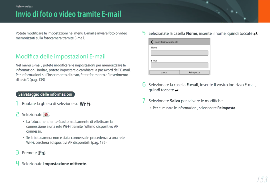 Samsung EV-NX30ZZBGBIT manual 153, Modifica delle impostazioni E-mail, Salvataggio delle informazioni 