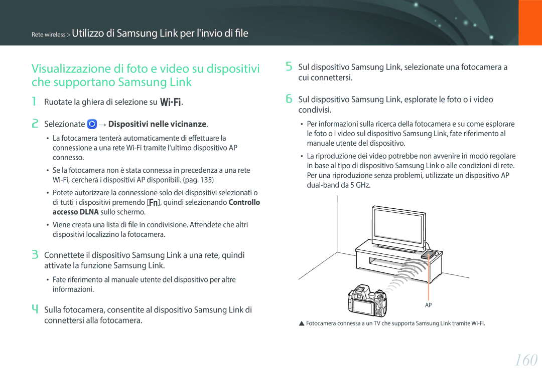 Samsung EV-NX30ZZBGBIT manual 160, Rete wireless Utilizzo di Samsung Link per linvio di file, Dispositivi nelle vicinanze 