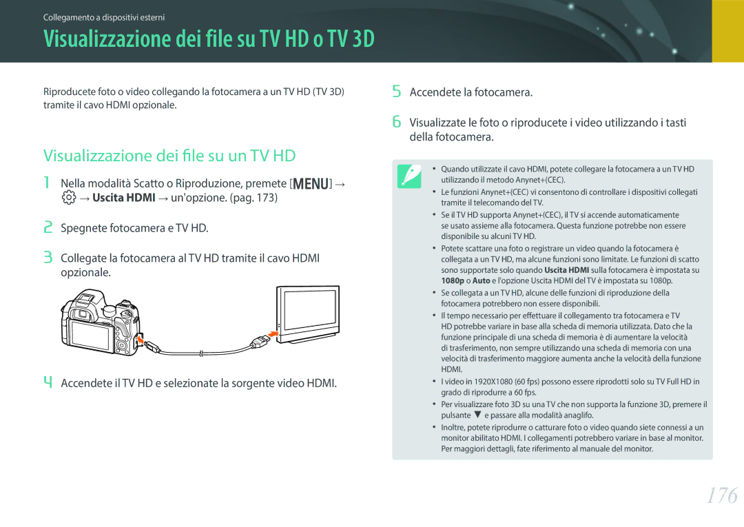 Samsung EV-NX30ZZBGBIT manual 176, Visualizzazione dei file su un TV HD 