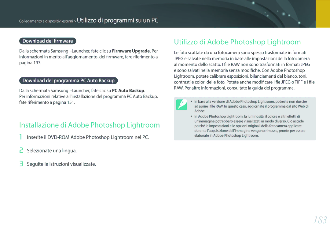 Samsung EV-NX30ZZBGBIT manual 183, Installazione di Adobe Photoshop Lightroom, Utilizzo di Adobe Photoshop Lightroom 