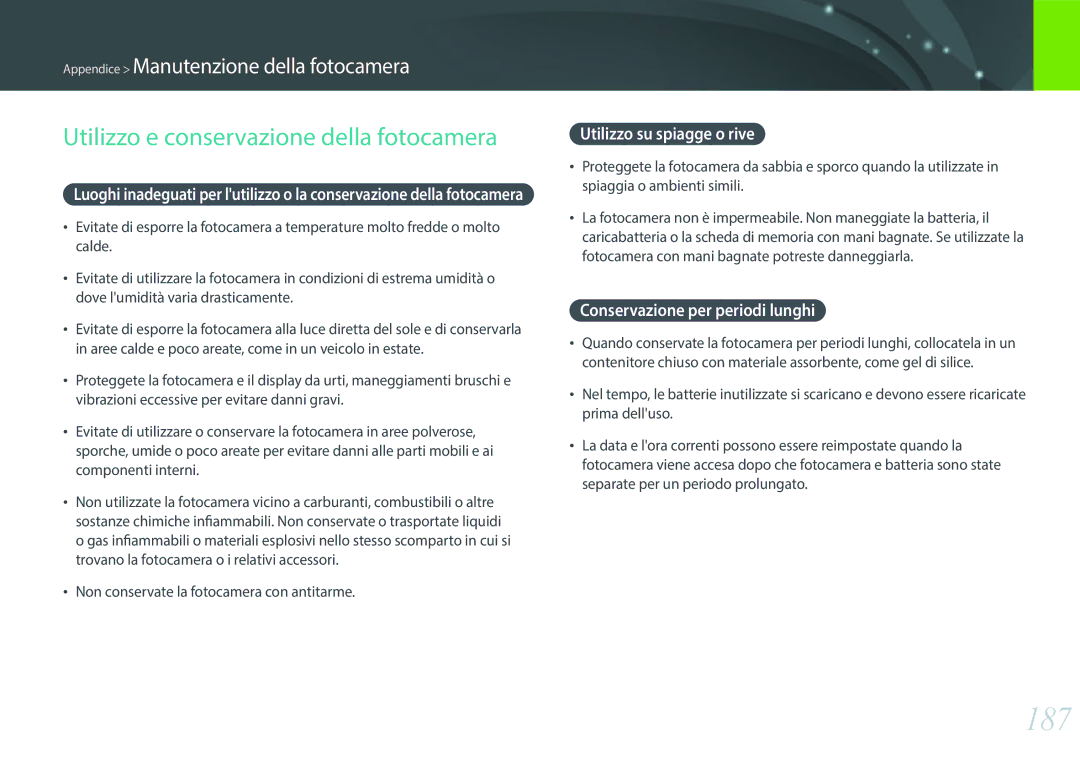 Samsung EV-NX30ZZBGBIT manual 187, Utilizzo e conservazione della fotocamera, Appendice Manutenzione della fotocamera 