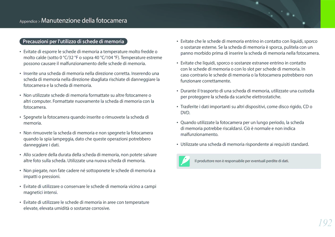 Samsung EV-NX30ZZBGBIT manual 192, Precauzioni per lutilizzo di schede di memoria 