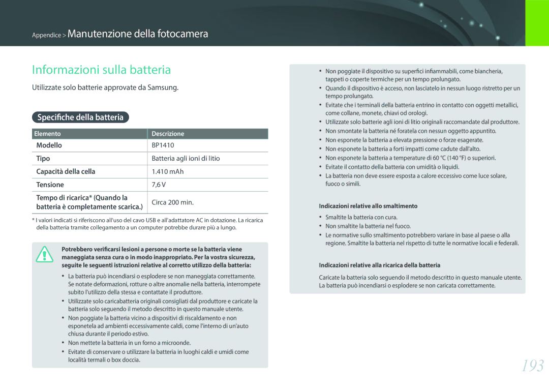 Samsung EV-NX30ZZBGBIT manual 193, Informazioni sulla batteria, Utilizzate solo batterie approvate da Samsung, Modello 