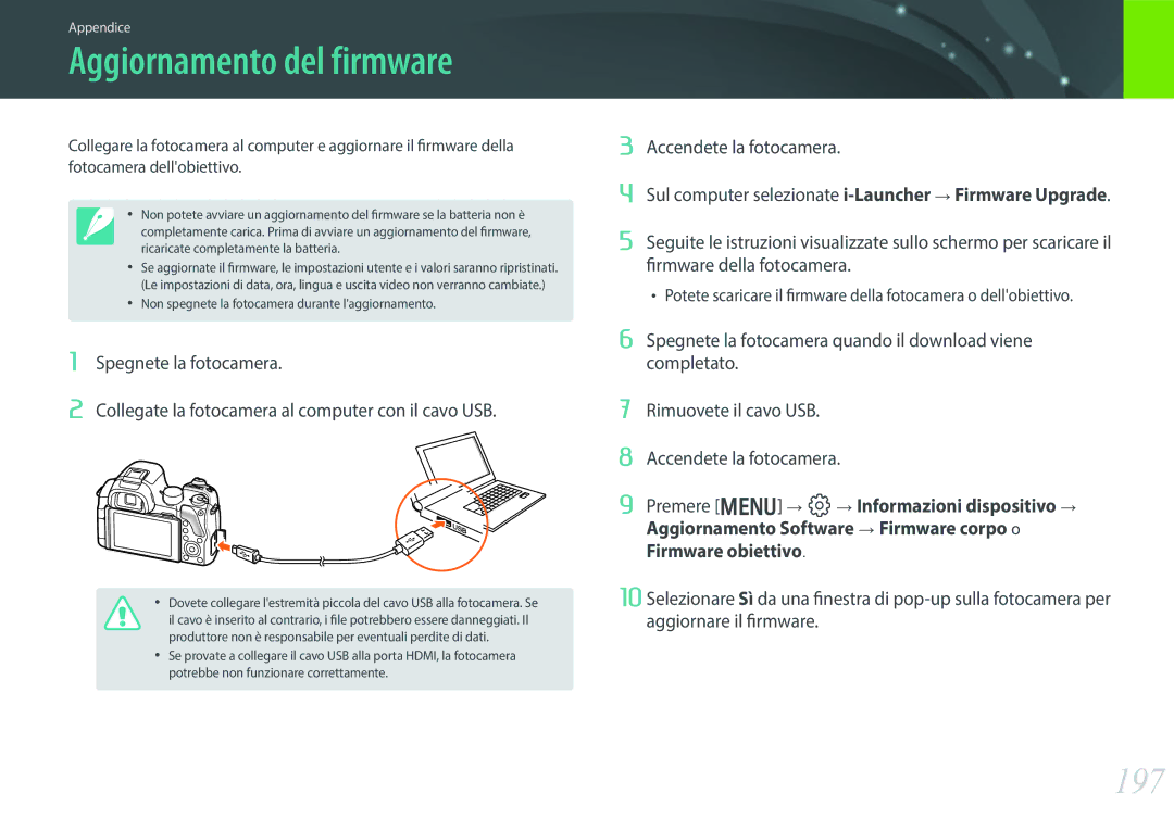 Samsung EV-NX30ZZBGBIT manual Aggiornamento del firmware, 197 