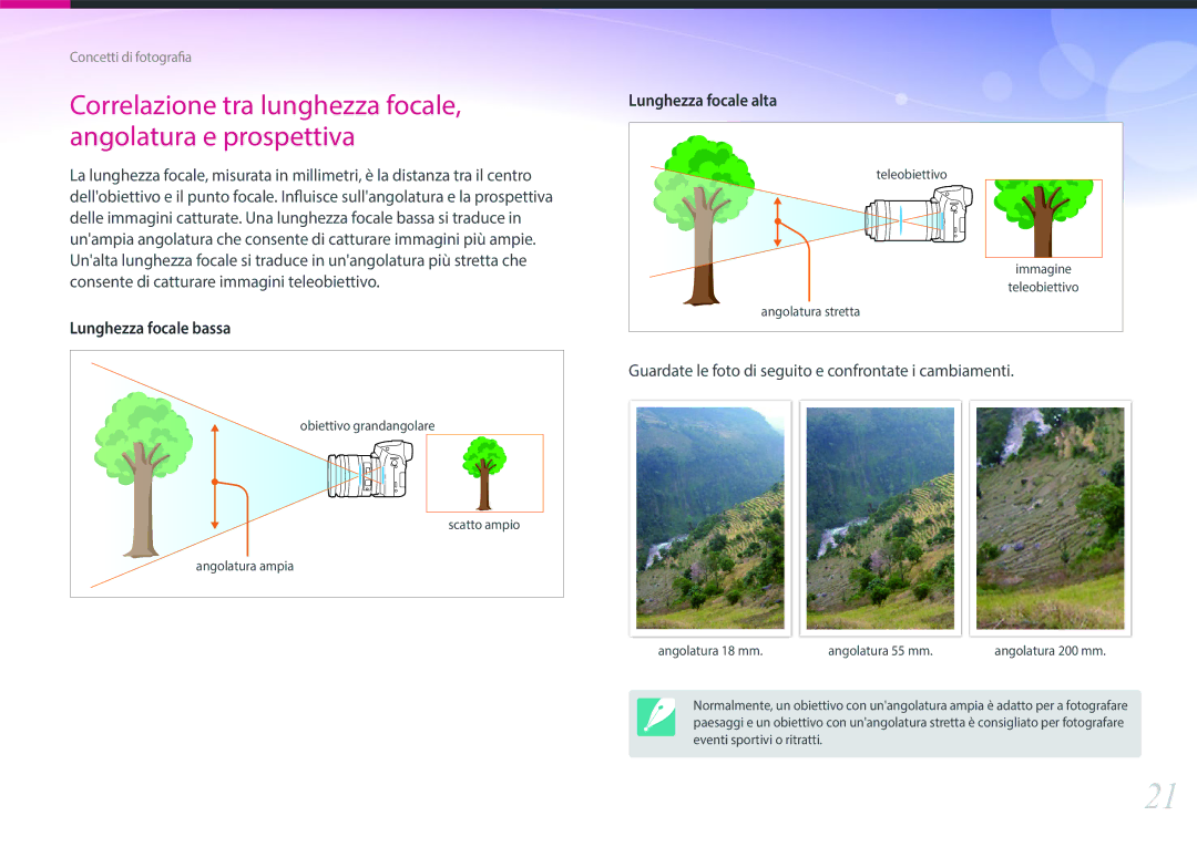Samsung EV-NX30ZZBGBIT manual Correlazione tra lunghezza focale, angolatura e prospettiva 