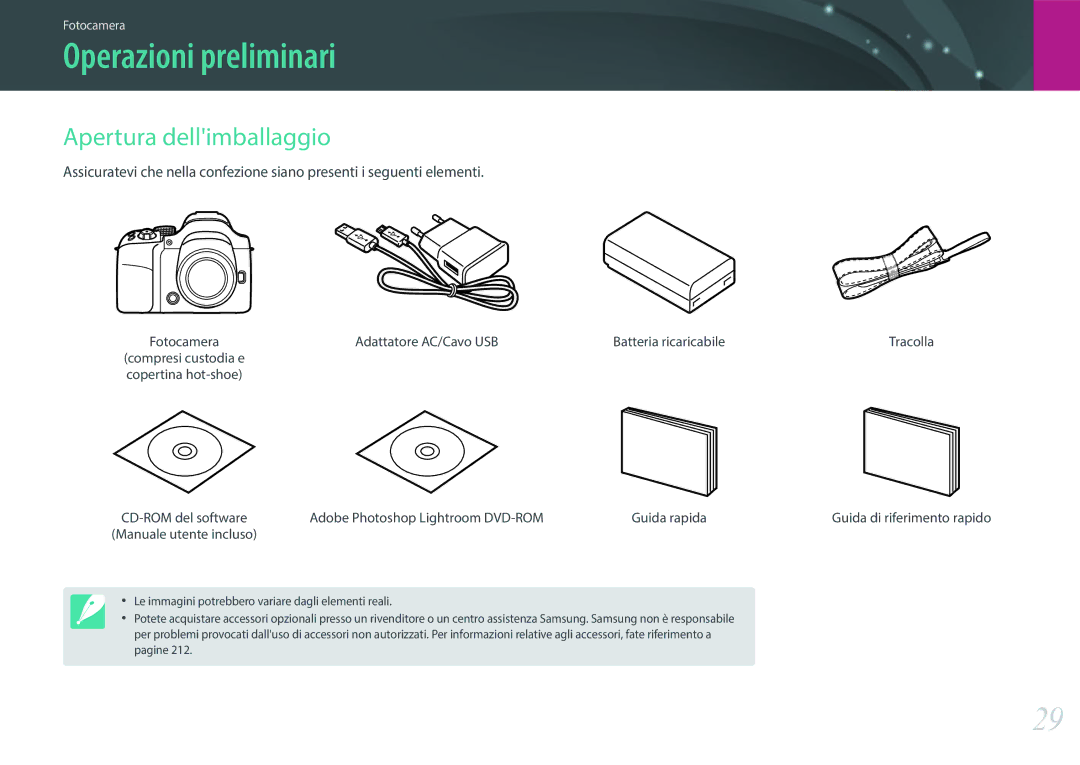 Samsung EV-NX30ZZBGBIT Operazioni preliminari, Apertura dellimballaggio, Adattatore AC/Cavo USB Batteria ricaricabile 