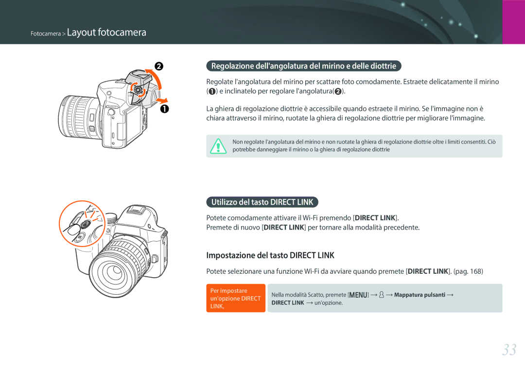 Samsung EV-NX30ZZBGBIT manual Impostazione del tasto Direct Link, Regolazione dellangolatura del mirino e delle diottrie 