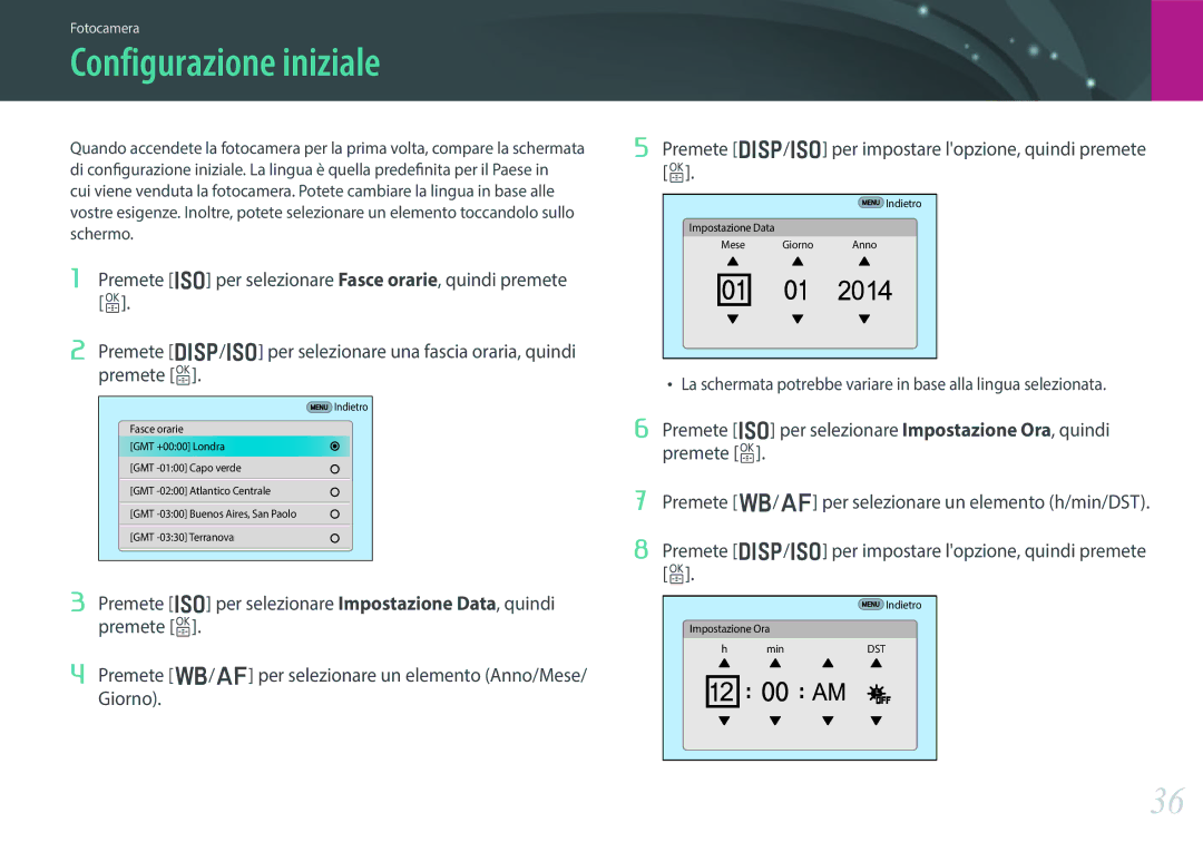 Samsung EV-NX30ZZBGBIT manual Configurazione iniziale 