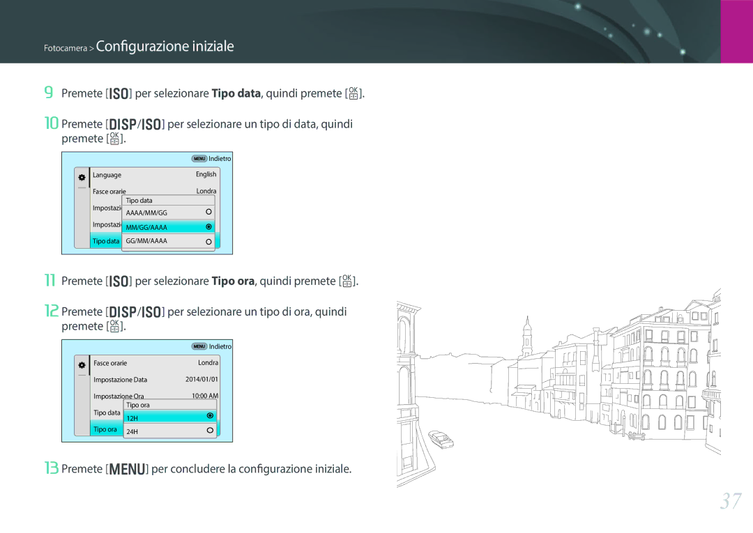 Samsung EV-NX30ZZBGBIT manual Fotocamera Configurazione iniziale, Premete m per concludere la configurazione iniziale 