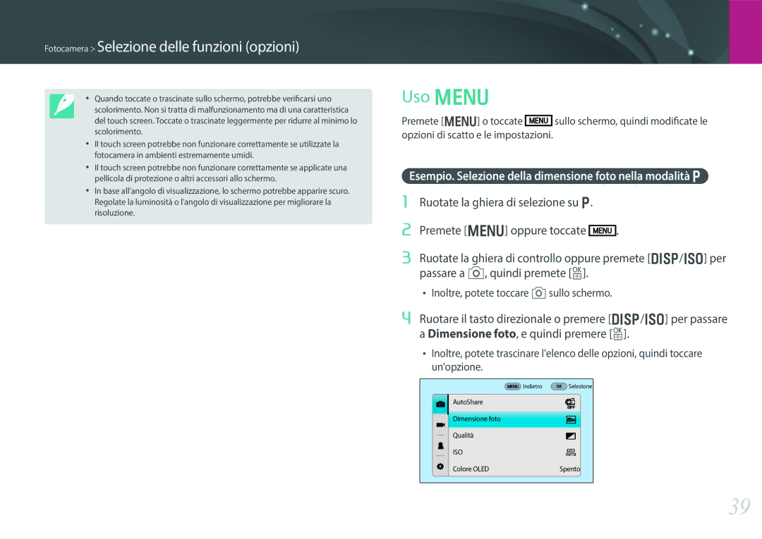 Samsung EV-NX30ZZBGBIT manual Fotocamera Selezione delle funzioni opzioni, Sullo schermo, quindi modificate le 