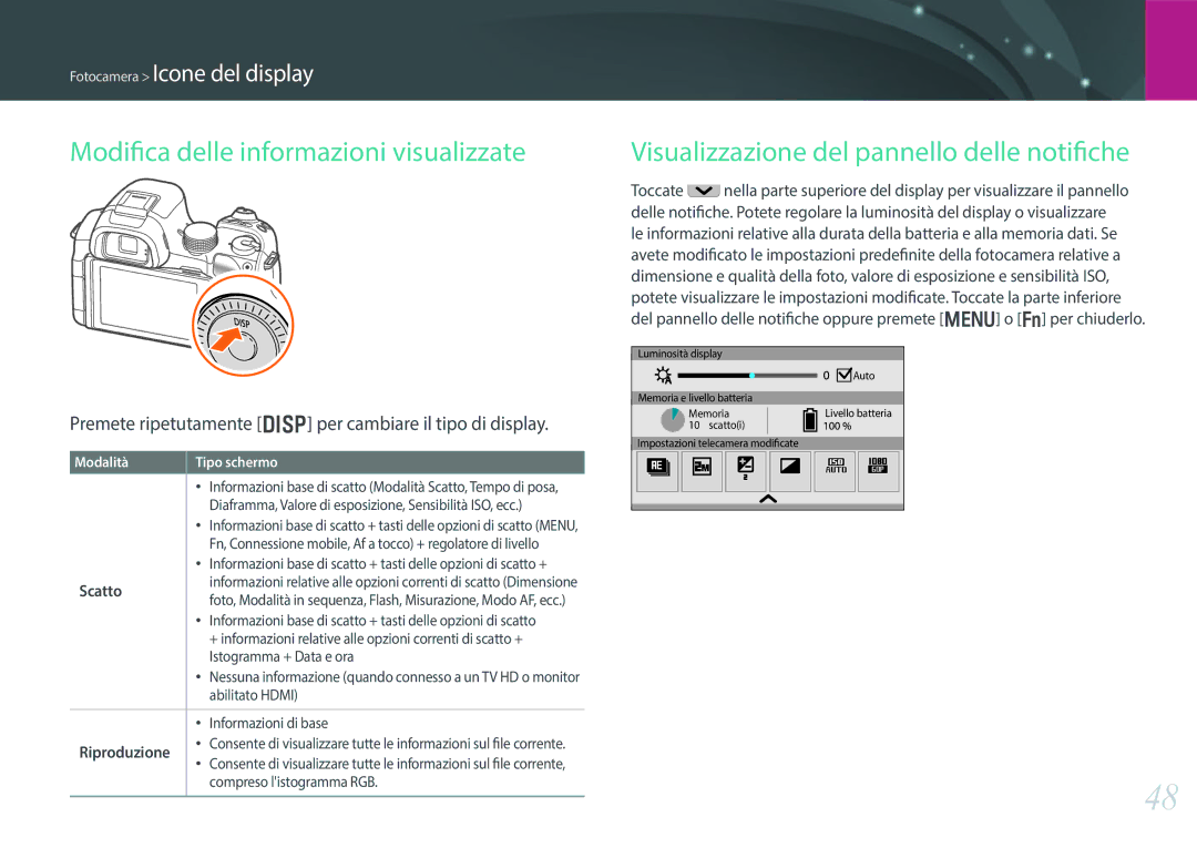 Samsung EV-NX30ZZBGBIT Modifica delle informazioni visualizzate, Visualizzazione del pannello delle notifiche, Scatto 