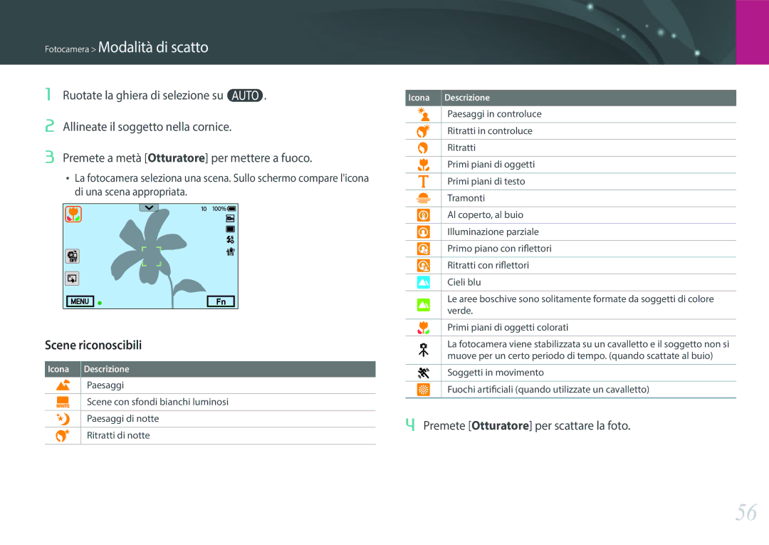 Samsung EV-NX30ZZBGBIT manual Fotocamera Modalità di scatto, Scene riconoscibili, Premete Otturatore per scattare la foto 