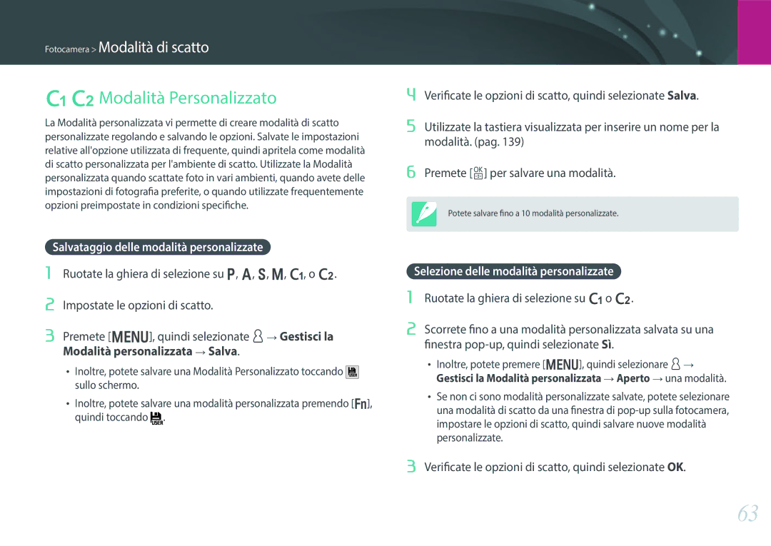 Samsung EV-NX30ZZBGBIT manual TUModalità Personalizzato, Salvataggio delle modalità personalizzate 