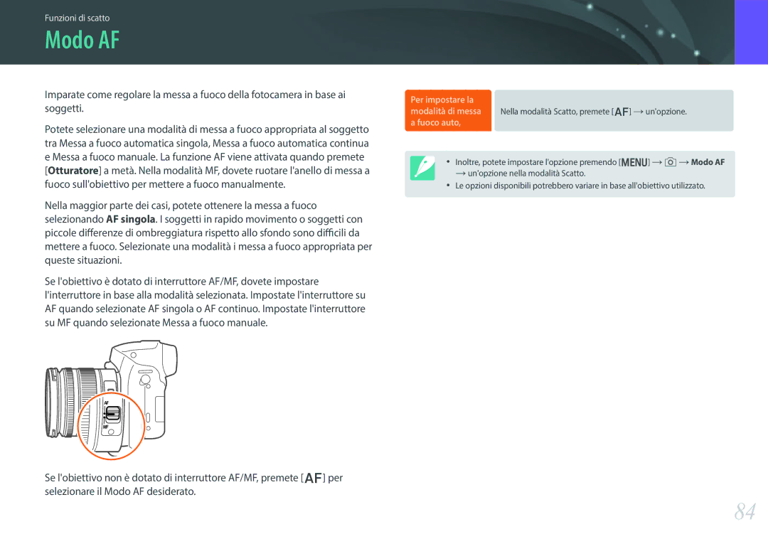 Samsung EV-NX30ZZBGBIT manual Modo AF, Fuoco auto 