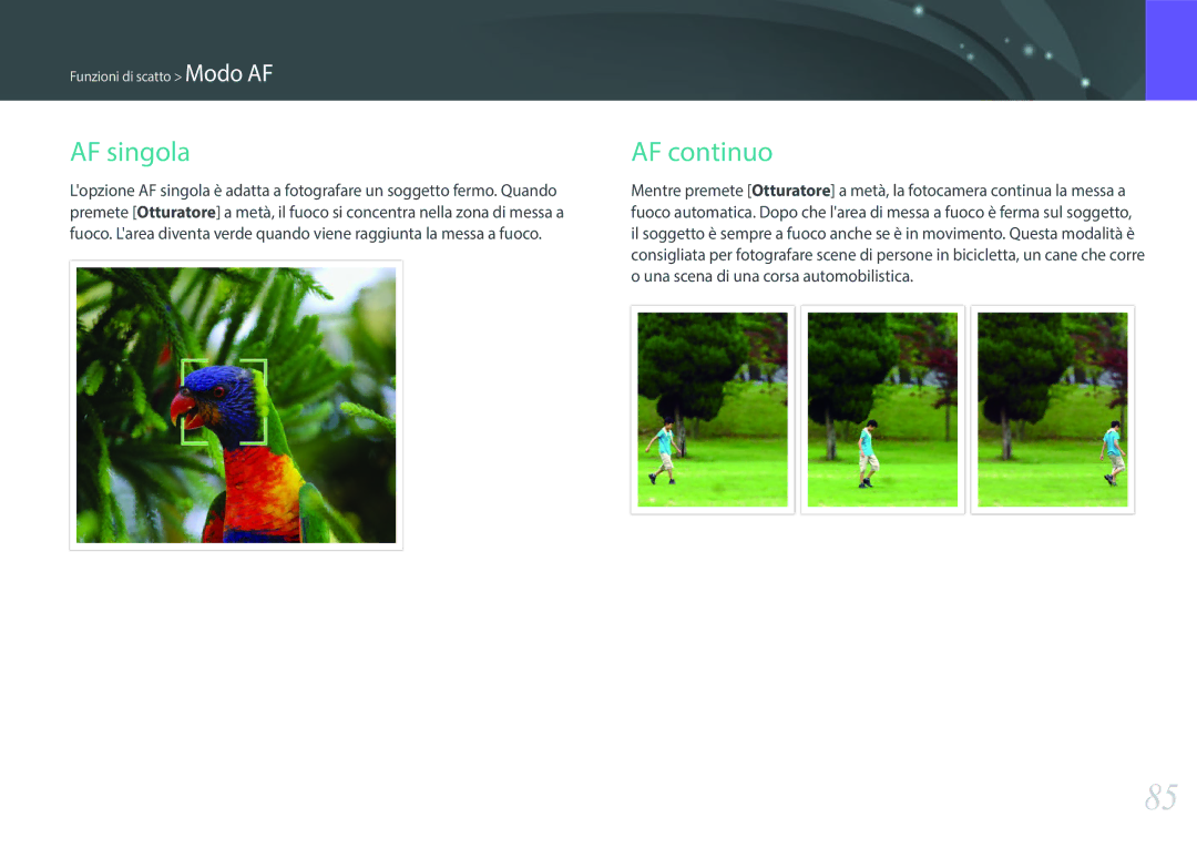 Samsung EV-NX30ZZBGBIT manual AF singola, AF continuo 