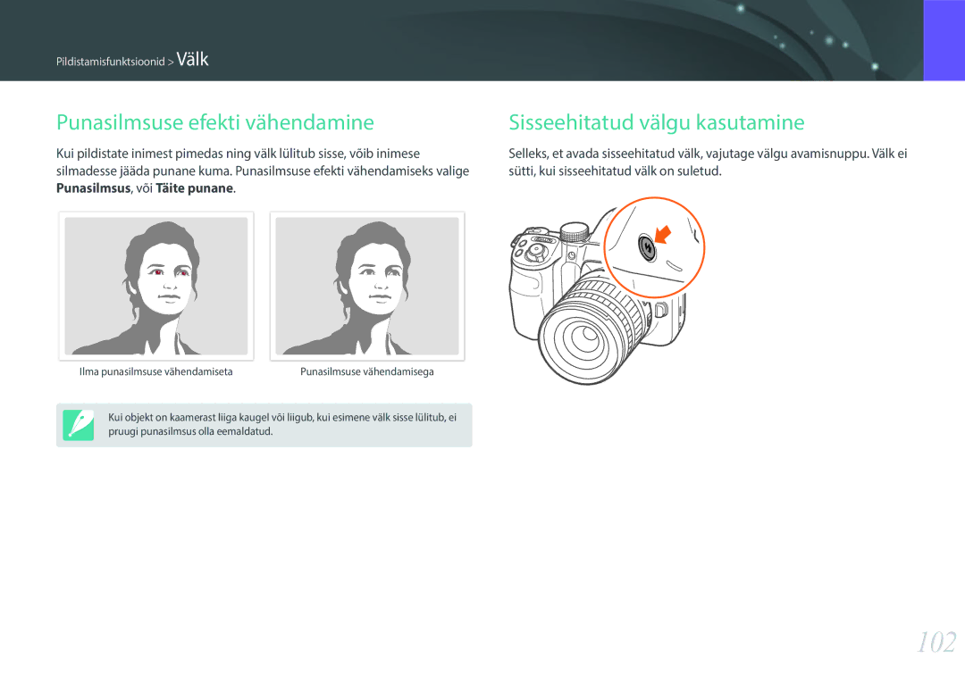 Samsung EV-NX30ZZBGBLV manual 102, Sütti, kui sisseehitatud välk on suletud 