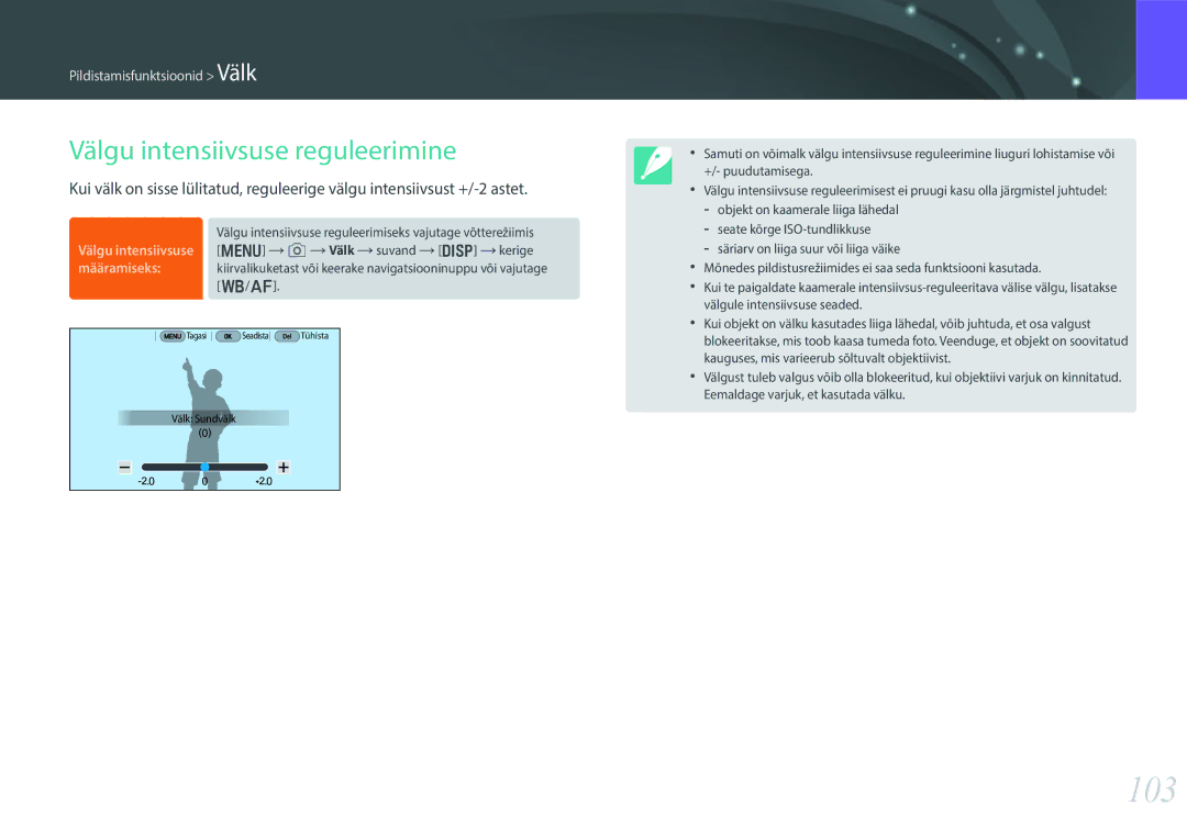 Samsung EV-NX30ZZBGBLV manual 103, Välgu intensiivsuse reguleerimine 