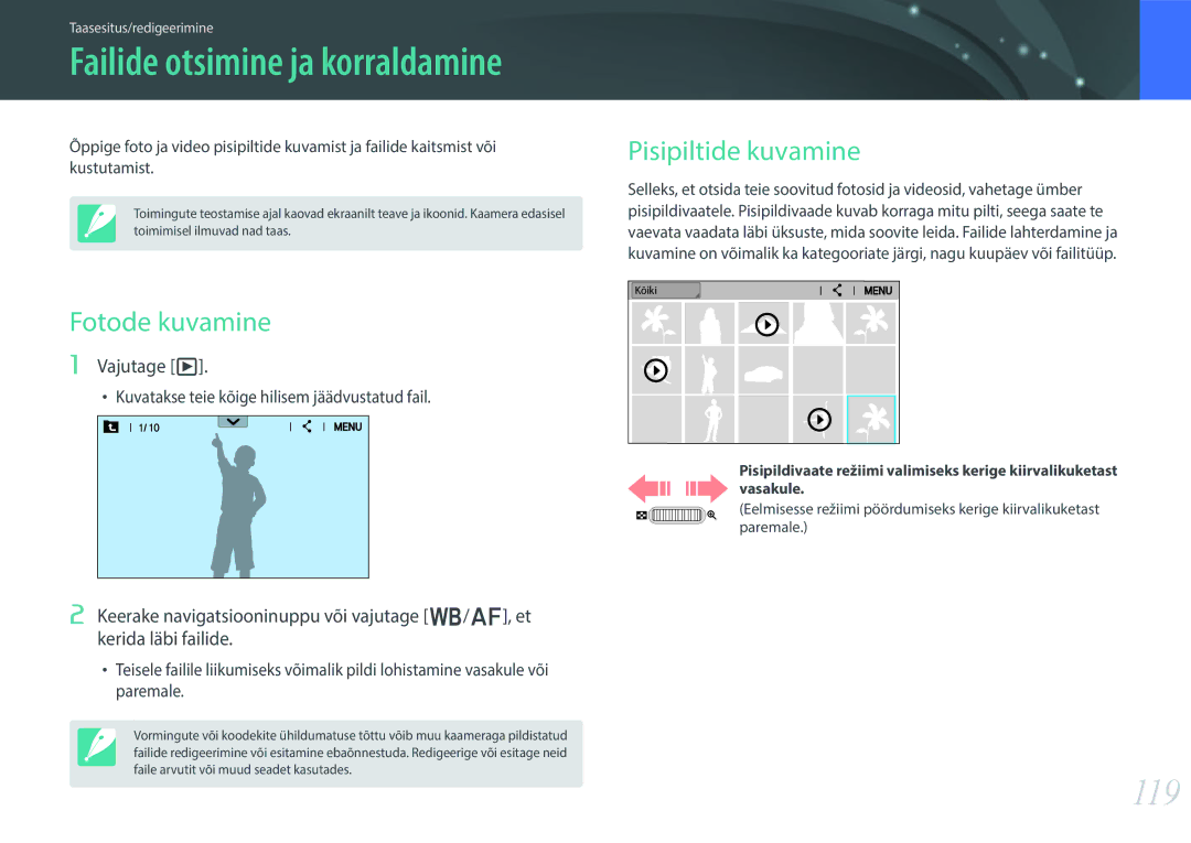 Samsung EV-NX30ZZBGBLV manual 119, Fotode kuvamine, Pisipiltide kuvamine, Vajutage y 