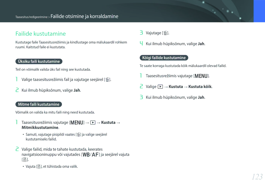 Samsung EV-NX30ZZBGBLV manual 123, Failide kustutamine, Üksiku faili kustutamine, Mitme faili kustutamine 