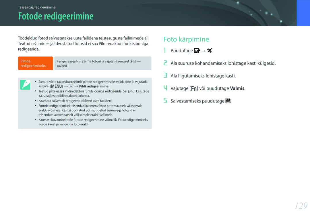 Samsung EV-NX30ZZBGBLV manual Fotode redigeerimine, 129, Foto kärpimine 