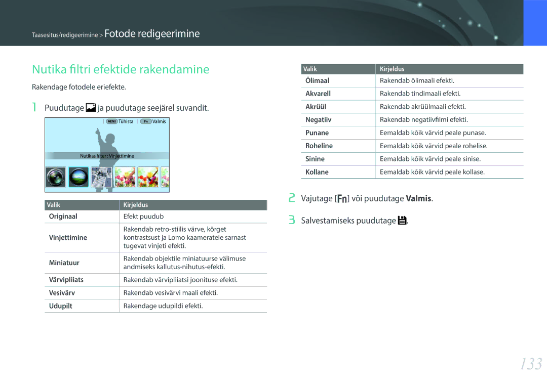 Samsung EV-NX30ZZBGBLV manual 133, Nutika filtri efektide rakendamine, Puudutage ja puudutage seejärel suvandit, Originaal 