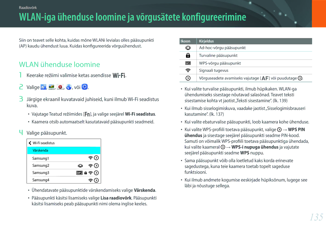 Samsung EV-NX30ZZBGBLV manual 135, Wlan ühenduse loomine, Valige pääsupunkt 