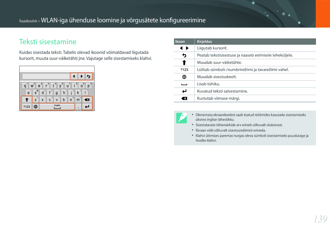 Samsung EV-NX30ZZBGBLV manual 139, Teksti sisestamine 