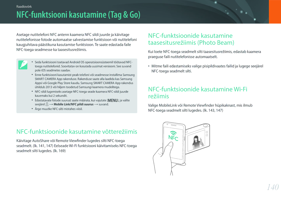 Samsung EV-NX30ZZBGBLV manual 140, NFC-funktsioonide kasutamine võtterežiimis, NFC-funktsioonide kasutamine Wi-Fi režiimis 