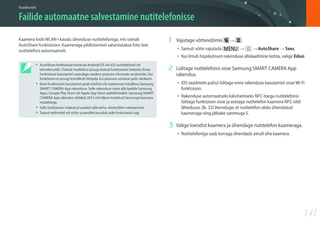 Samsung EV-NX30ZZBGBLV manual Failide automaatne salvestamine nutitelefonisse, 141, Vajutage võtterežiimis 