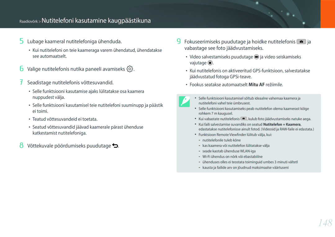 Samsung EV-NX30ZZBGBLV manual 148, Raadiovõrk Nutitelefoni kasutamine kaugpäästikuna 