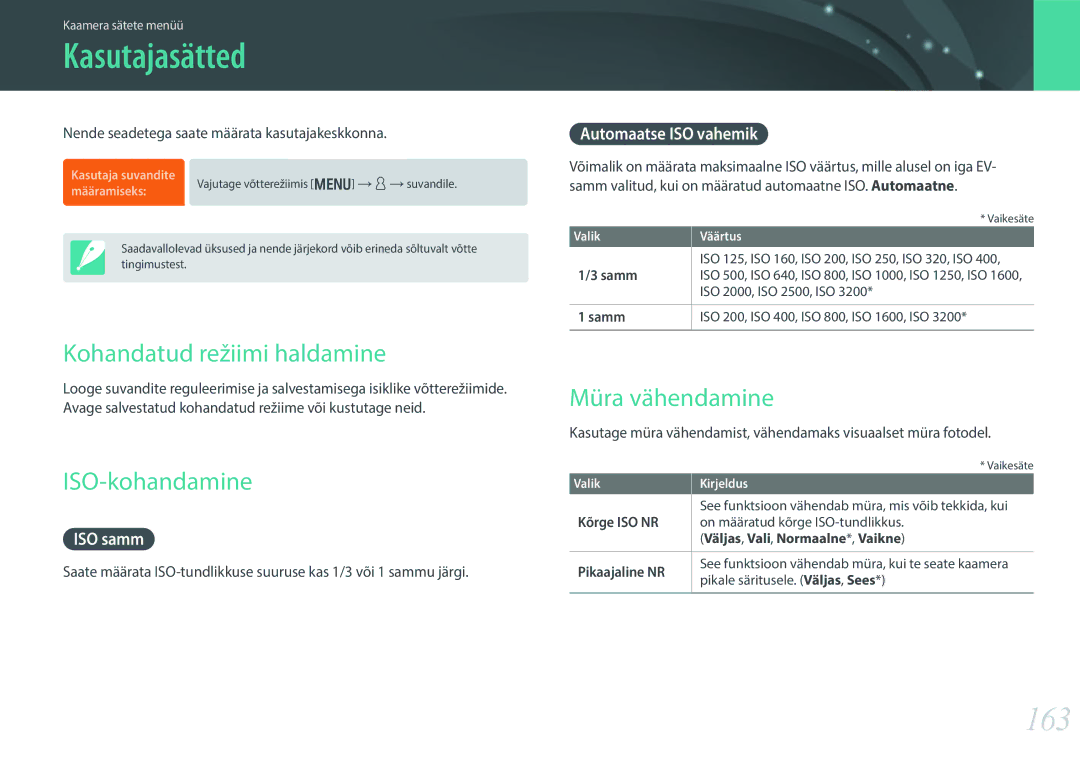 Samsung EV-NX30ZZBGBLV manual Kasutajasätted, 163, Kohandatud režiimi haldamine, ISO-kohandamine, Müra vähendamine 