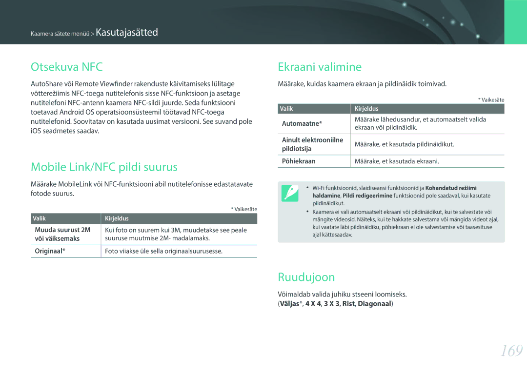 Samsung EV-NX30ZZBGBLV manual 169, Otsekuva NFC, Mobile Link/NFC pildi suurus, Ekraani valimine, Ruudujoon 