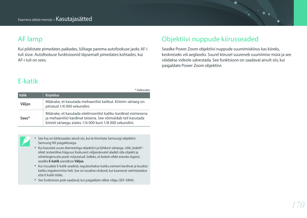Samsung EV-NX30ZZBGBLV manual 170, AF lamp, Katik, Objektiivi nuppude kiirusseaded 