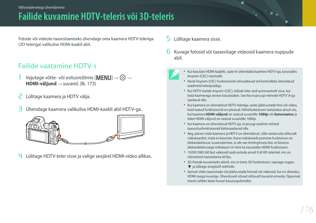 Samsung EV-NX30ZZBGBLV Failide kuvamine HDTV-teleris või 3D-teleris, 176, Failide vaatamine HDTV-s, Lülitage kaamera sisse 