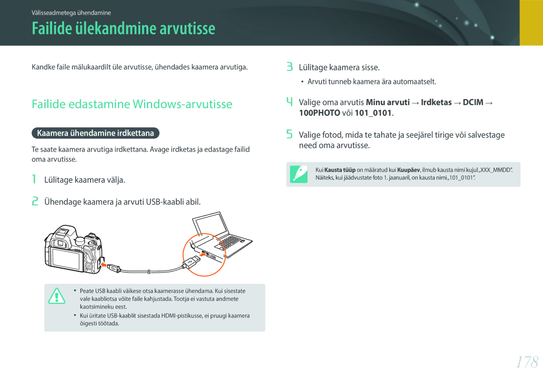 Samsung EV-NX30ZZBGBLV manual 178, Failide edastamine Windows-arvutisse, Kaamera ühendamine irdkettana 