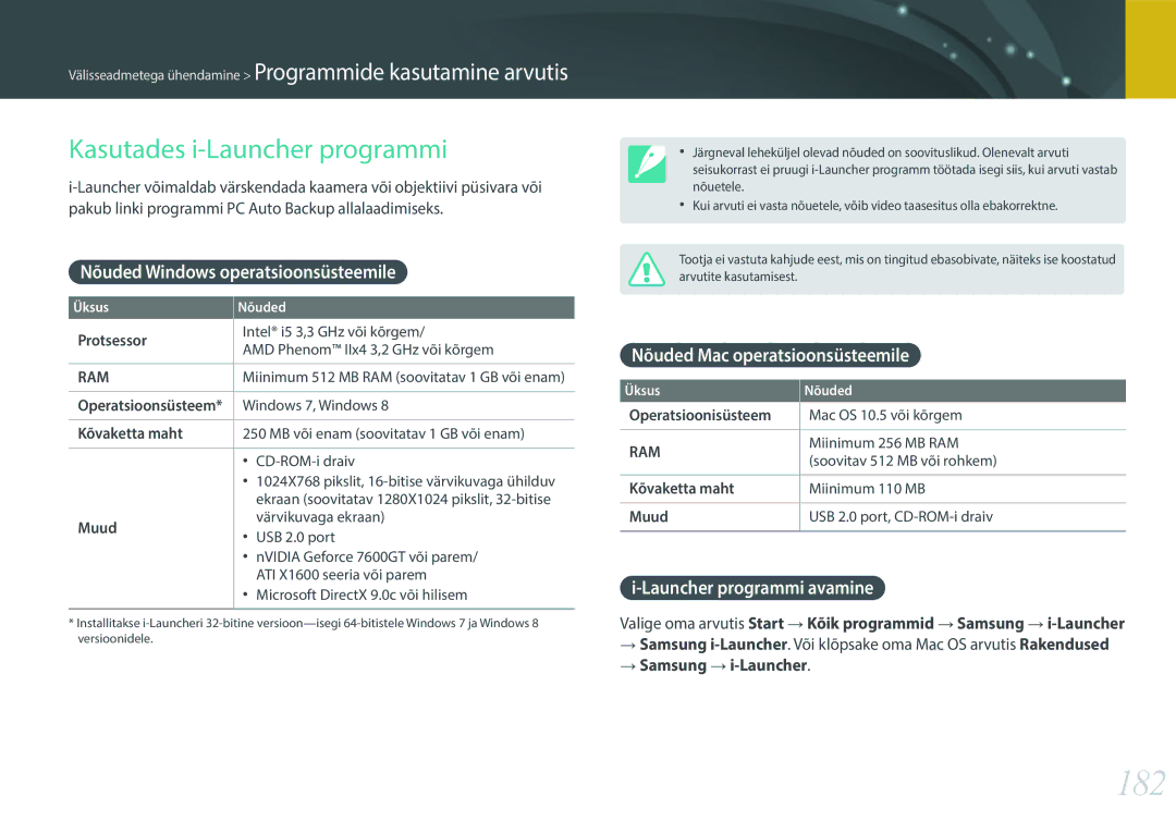 Samsung EV-NX30ZZBGBLV manual 182, Kasutades i-Launcher programmi, Nõuded Windows operatsioonsüsteemile 