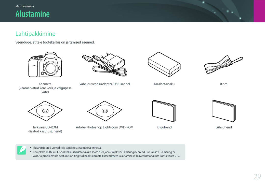 Samsung EV-NX30ZZBGBLV manual Alustamine, Lahtipakkimine, Veenduge, et teie tootekarbis on järgmised esemed 