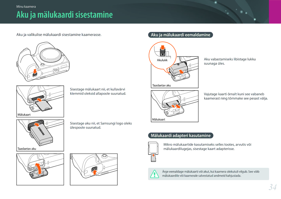 Samsung EV-NX30ZZBGBLV manual Aku ja mälukaardi eemaldamine, Mälukaardi adapteri kasutamine 