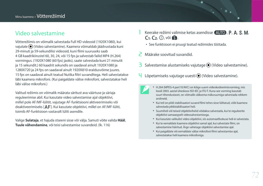 Samsung EV-NX30ZZBGBLV manual Video salvestamine 