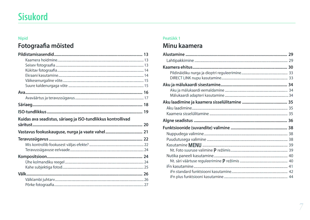 Samsung EV-NX30ZZBGBLV manual Sisukord, Kuidas ava seadistus, säriaeg ja ISO-tundlikkus kontrollivad 