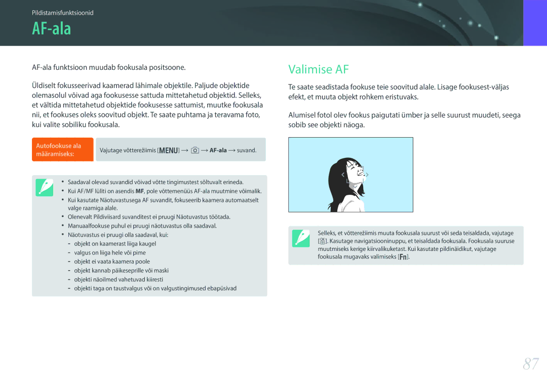 Samsung EV-NX30ZZBGBLV manual AF-ala, Valimise AF 