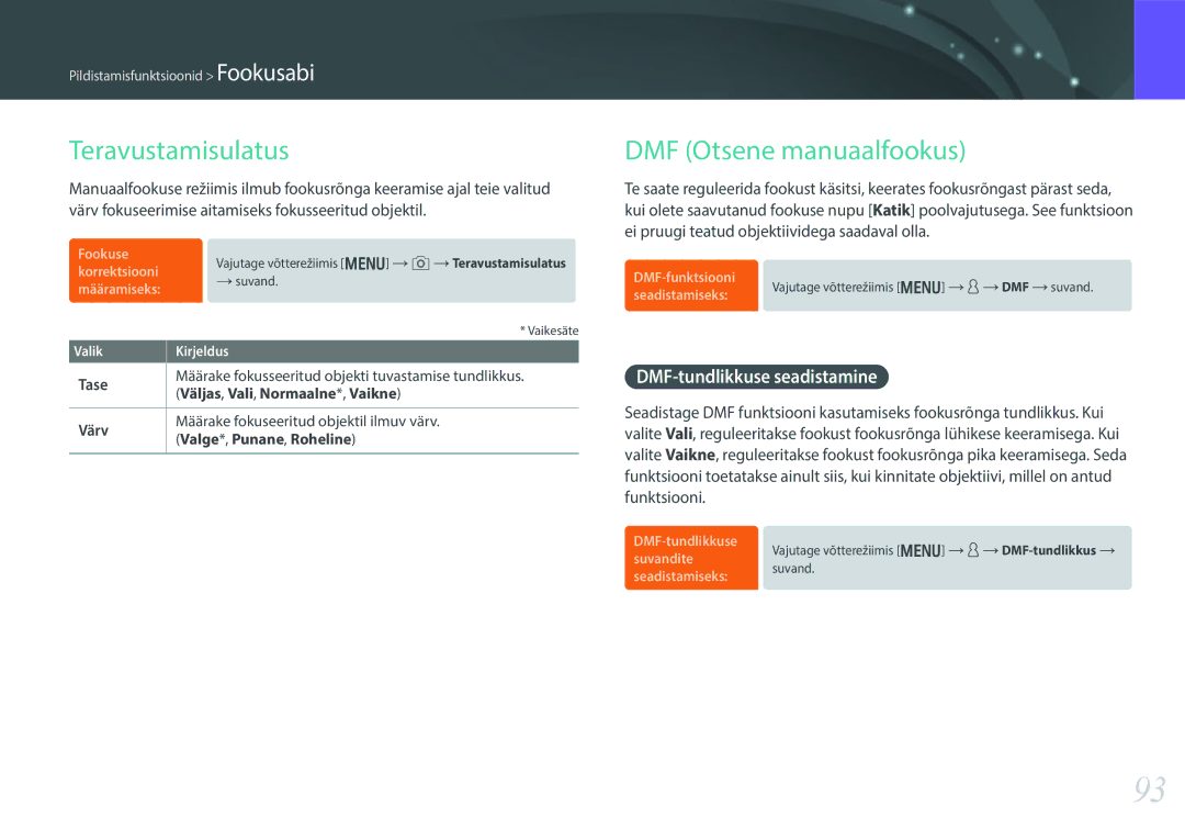 Samsung EV-NX30ZZBGBLV manual Teravustamisulatus, DMF Otsene manuaalfookus, DMF-tundlikkuse seadistamine 