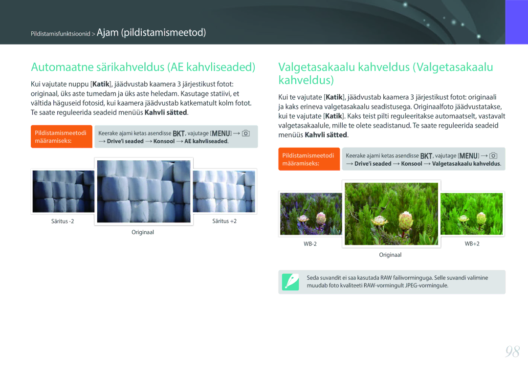 Samsung EV-NX30ZZBGBLV manual Automaatne särikahveldus AE kahvliseaded, Valgetasakaalu kahveldus Valgetasakaalu kahveldus 