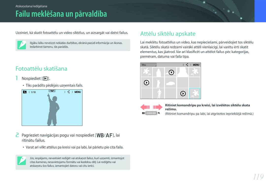 Samsung EV-NX30ZZBGBLV manual 119, Fotoattēlu skatīšana, Attēlu sīktēlu apskate, Nospiediet y 