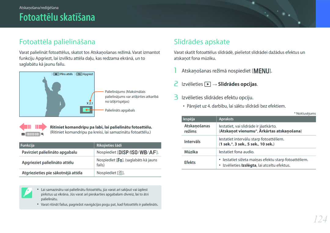 Samsung EV-NX30ZZBGBLV manual Fotoattēlu skatīšana, 124, Fotoattēla palielināšana, Slīdrādes apskate 