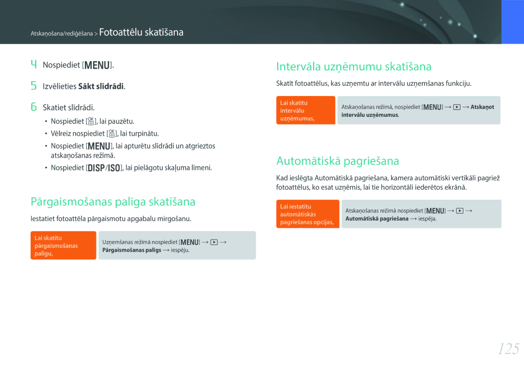 Samsung EV-NX30ZZBGBLV manual 125, Pārgaismošanas palīga skatīšana, Intervāla uzņēmumu skatīšana, Automātiskā pagriešana 