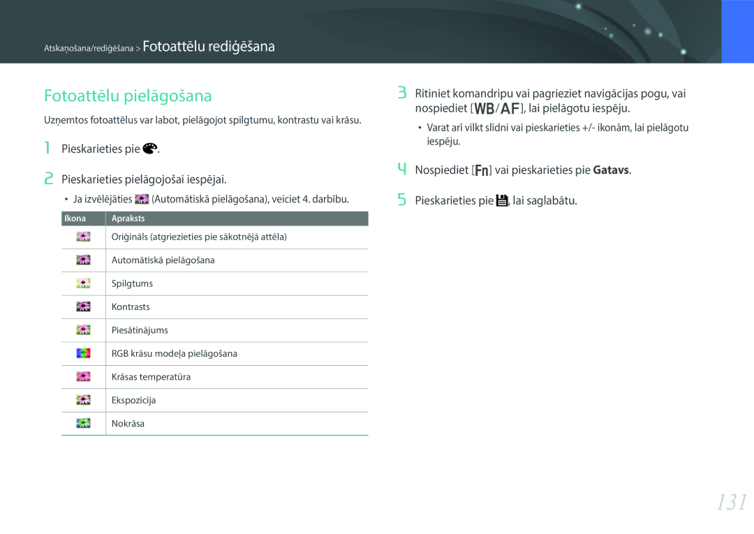 Samsung EV-NX30ZZBGBLV manual 131, Pieskarieties pie Pieskarieties pielāgojošai iespējai 