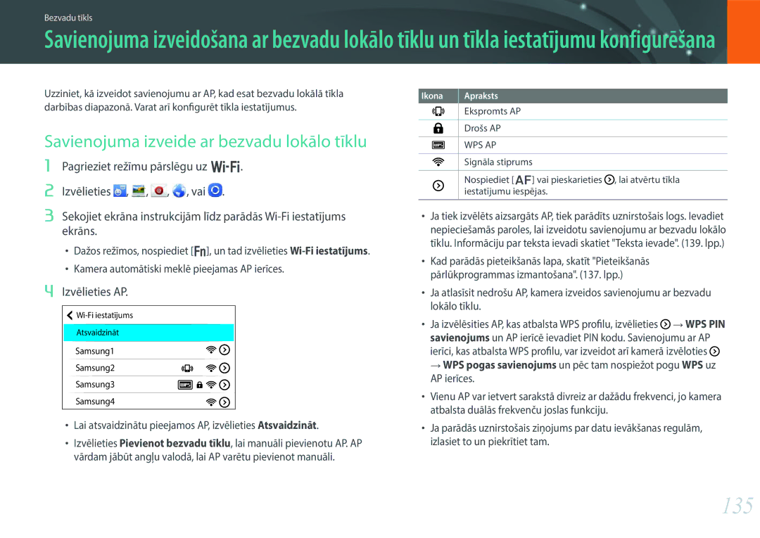 Samsung EV-NX30ZZBGBLV manual 135, Savienojuma izveide ar bezvadu lokālo tīklu, Izvēlieties AP 