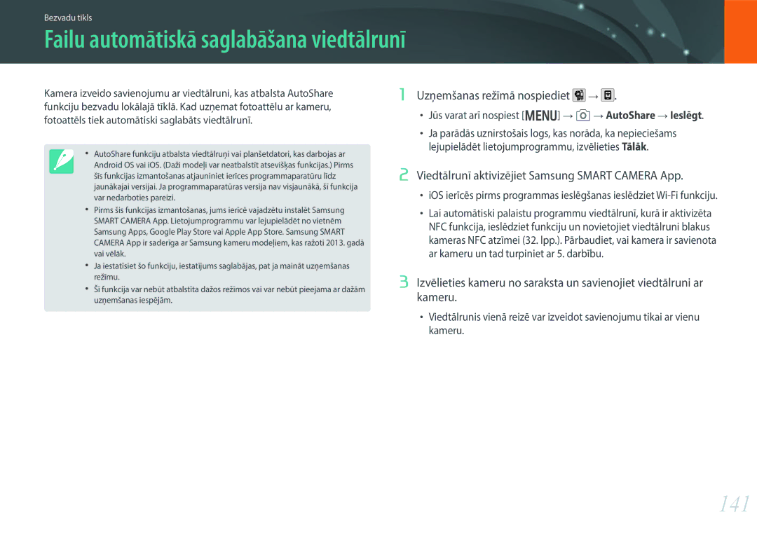 Samsung EV-NX30ZZBGBLV manual 141, Uzņemšanas režīmā nospiediet, Viedtālrunī aktivizējiet Samsung Smart Camera App 