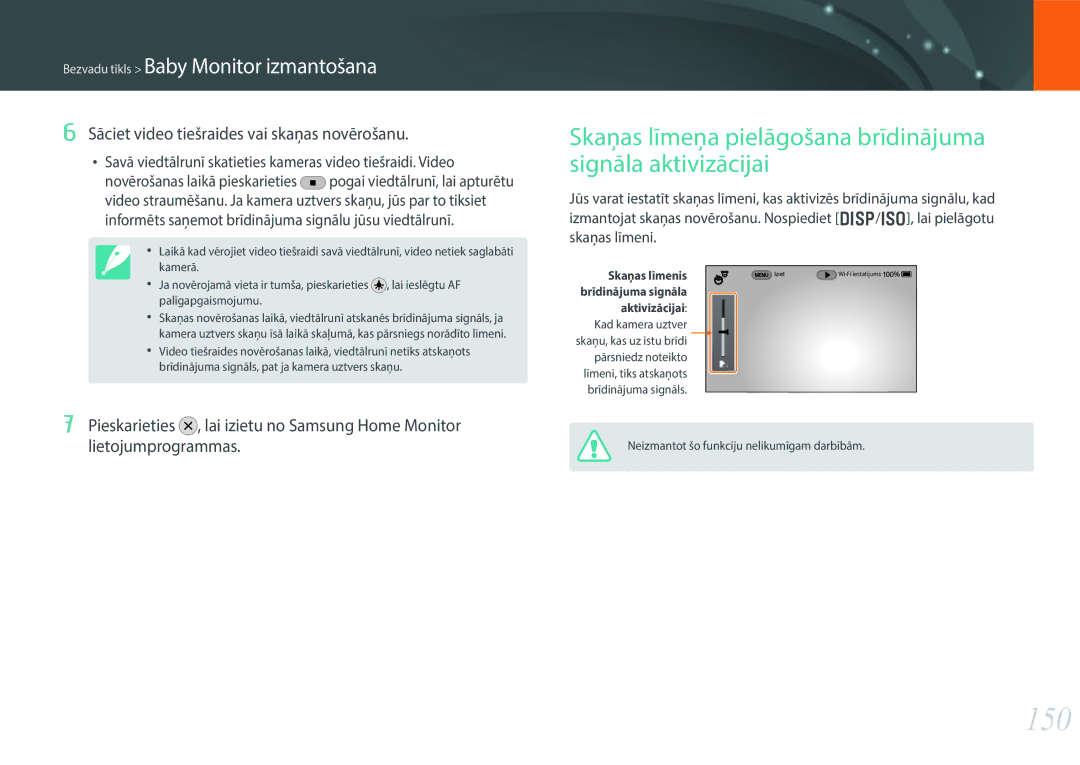 Samsung EV-NX30ZZBGBLV manual 150, Skaņas līmeņa pielāgošana brīdinājuma signāla aktivizācijai 